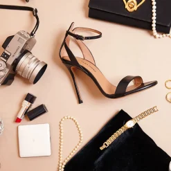 Martina Ankle strap high stiletto heel sandals in black leather