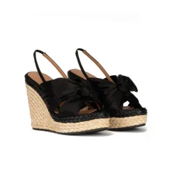 Miquela Black satin high wedge sandals