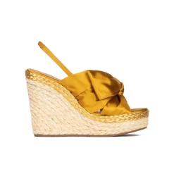 Miquela Wedge sandals in mustard yellow satin and natural raphia