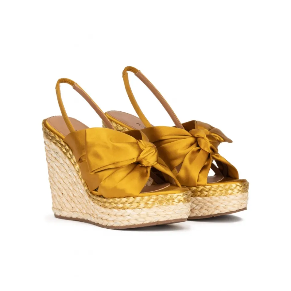Miquela Wedge sandals in mustard yellow satin and natural raphia
