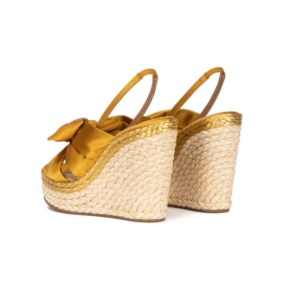 Miquela Wedge sandals in mustard yellow satin and natural raphia