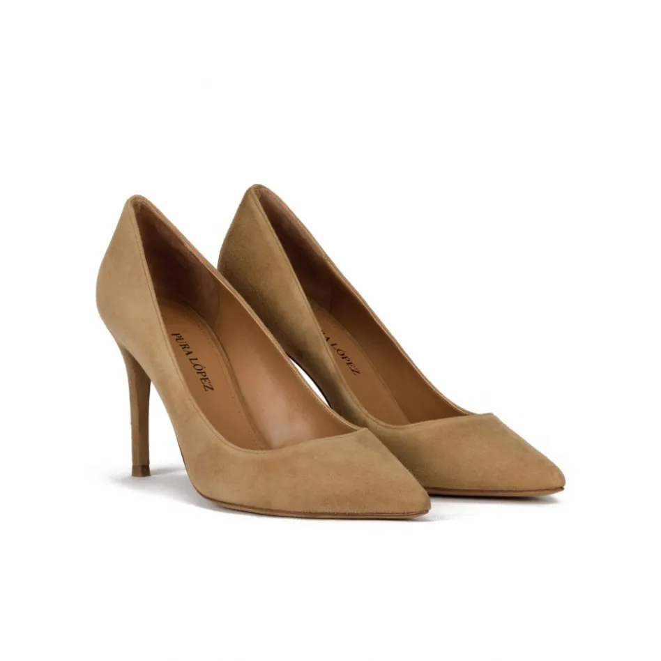 Olga Point-toe high heel pumps in camel suede