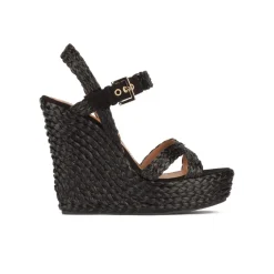 Olivia High wedge sandals in black raffia with buckle fastening