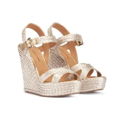 Olivia High wedge sandals in platin satin raffia