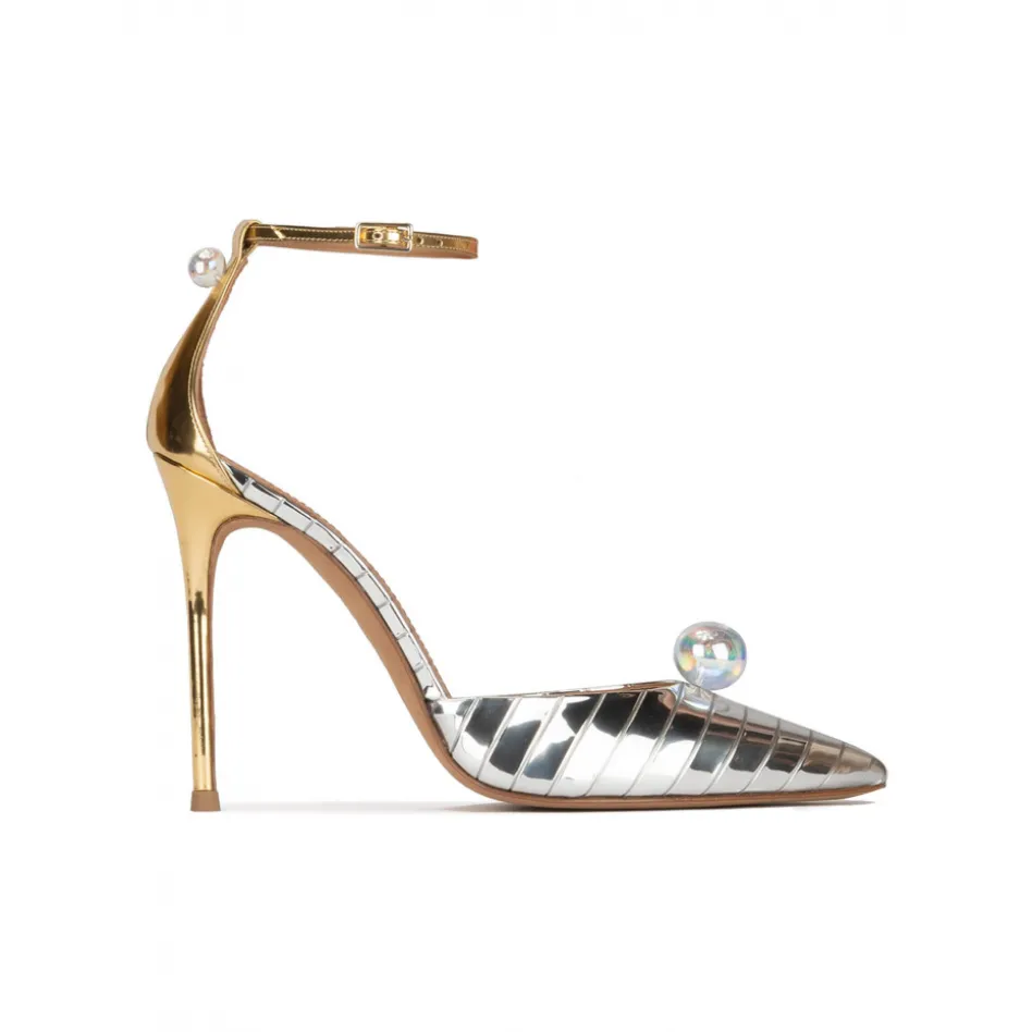 Olympia Ankle strap heeled shoes in striped silver fabric