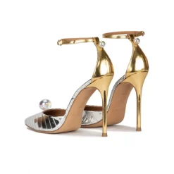 Olympia Ankle strap heeled shoes in striped silver fabric