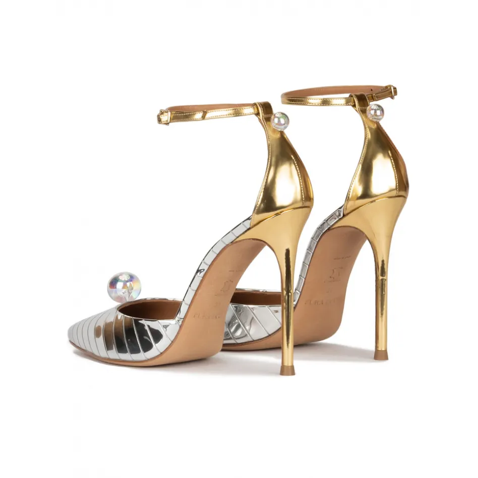 Olympia Ankle strap heeled shoes in striped silver fabric