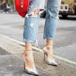 Olympia Ankle strap heeled shoes in striped silver fabric
