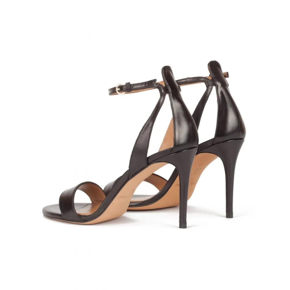 Omaira Minimalist ankle strap high heel sandals in black leather