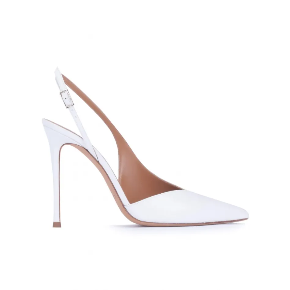 Omeya Asymmetric heeled slingback pumps in white calf leather