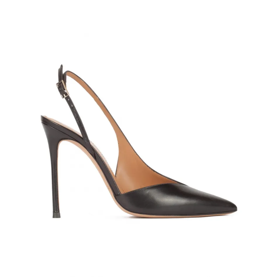 Omeya Black leather asymmetric heeled slingback pumps