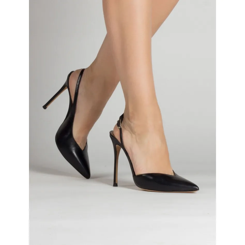 Omeya Black leather asymmetric heeled slingback pumps