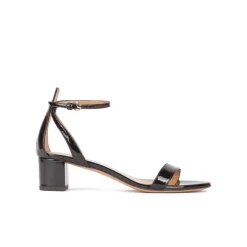 Oneida Mid block heel sandals in black patent leather with ankle strap