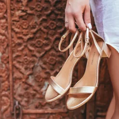 Oneida Strappy mid block heel sandals in gold metallic leather