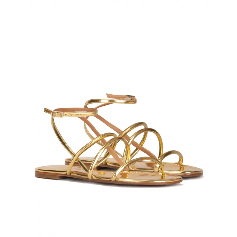 Ophelia Gold mirrored leather ankle strap flat sandals