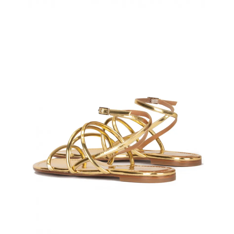 Ophelia Gold mirrored leather ankle strap flat sandals