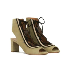 Oporto Lace-up mid block heel sandals in khaki and black suede