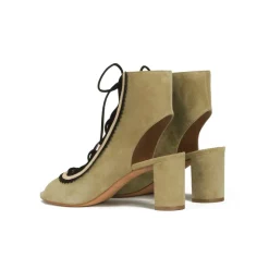 Oporto Lace-up mid block heel sandals in khaki and black suede