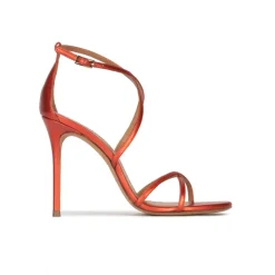 Oria Crossed-strap high heel sandals in coral metallic leather