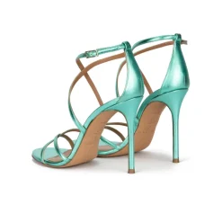 Oria Strappy high-heeled sandals in aquamarine metal leather