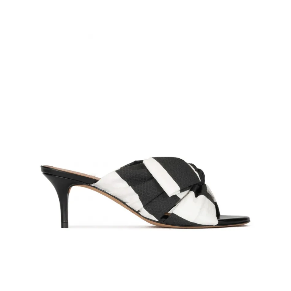 Orquidea Bow detailed mid heel mules in black and white fabric