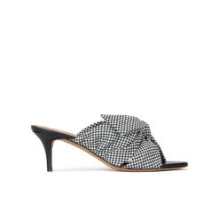 Orquidea Bow detailed mid heel mules in white and blue checked fabric