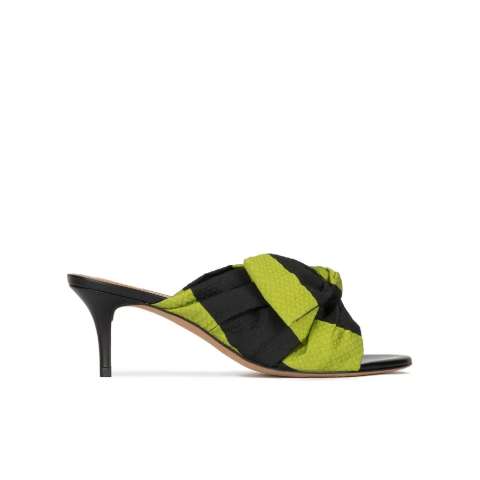 Orquidea Bow detailed mid heel mules in green and black fabric