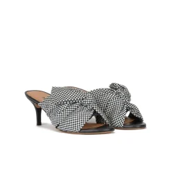 Orquidea Bow detailed mid heel mules in white and blue checked fabric