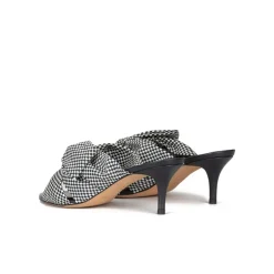 Orquidea Bow detailed mid heel mules in white and blue checked fabric