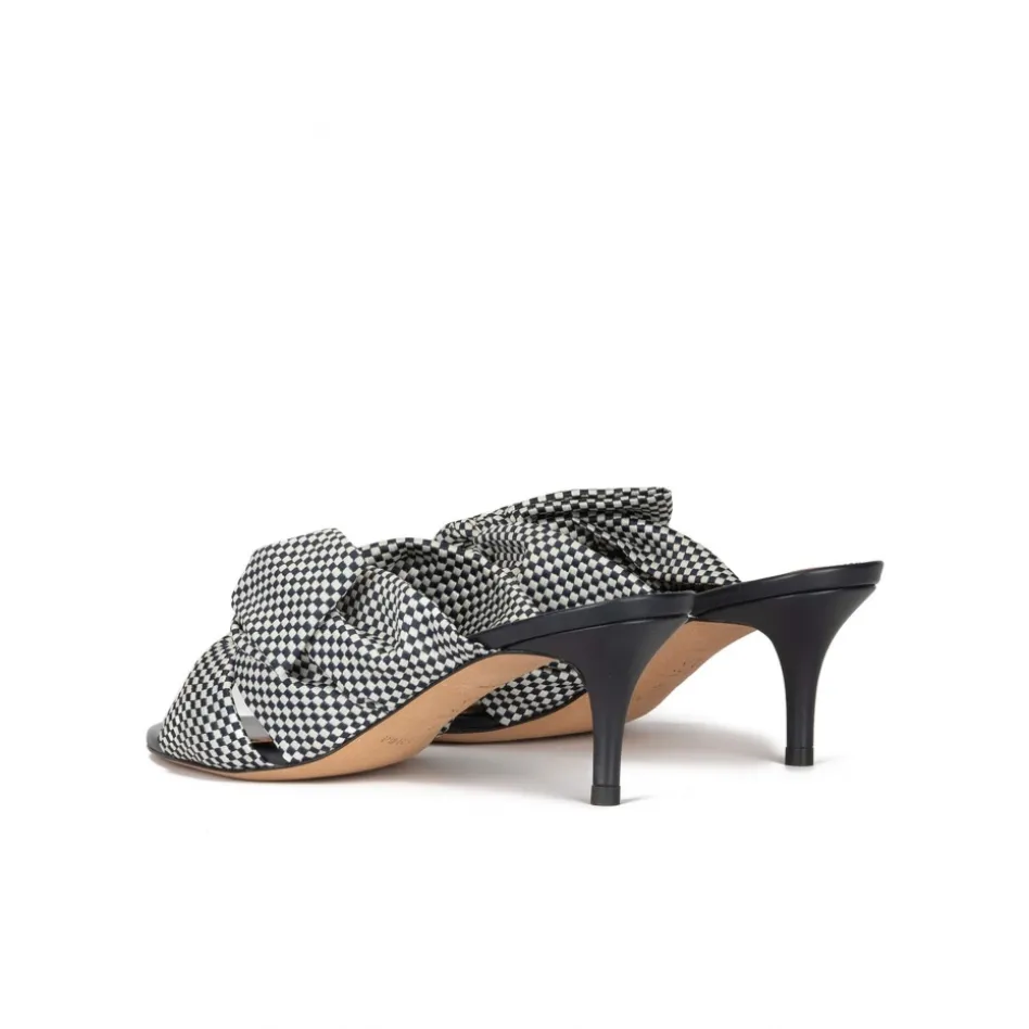 Orquidea Bow detailed mid heel mules in white and blue checked fabric