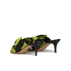 Orquidea Bow detailed mid heel mules in green and black fabric