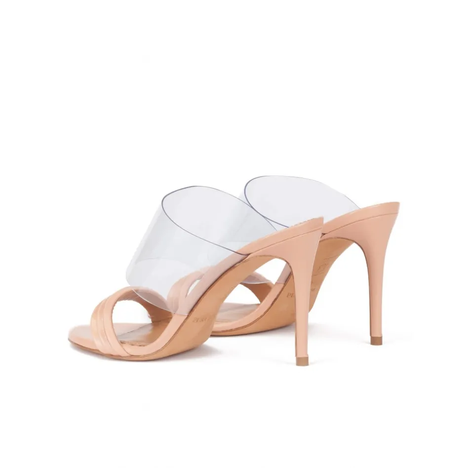 Osana High heel mules in nude leather and transparent vinyl
