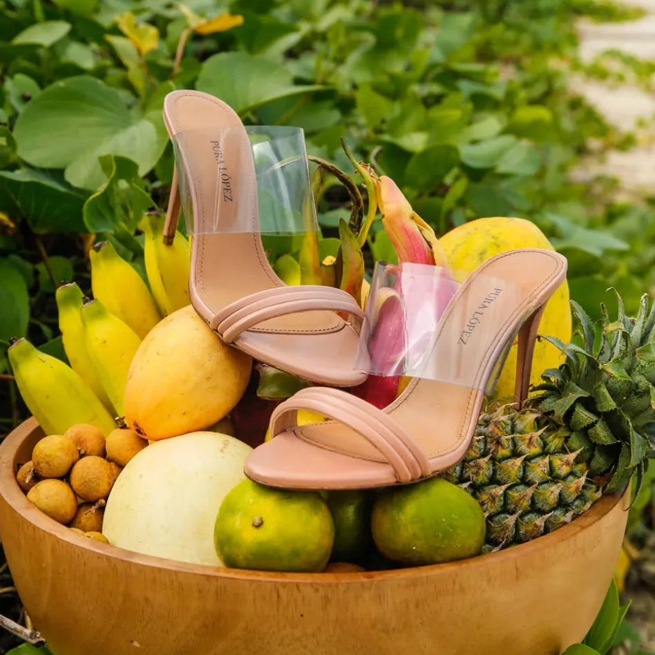 Osana High heel mules in nude leather and transparent vinyl