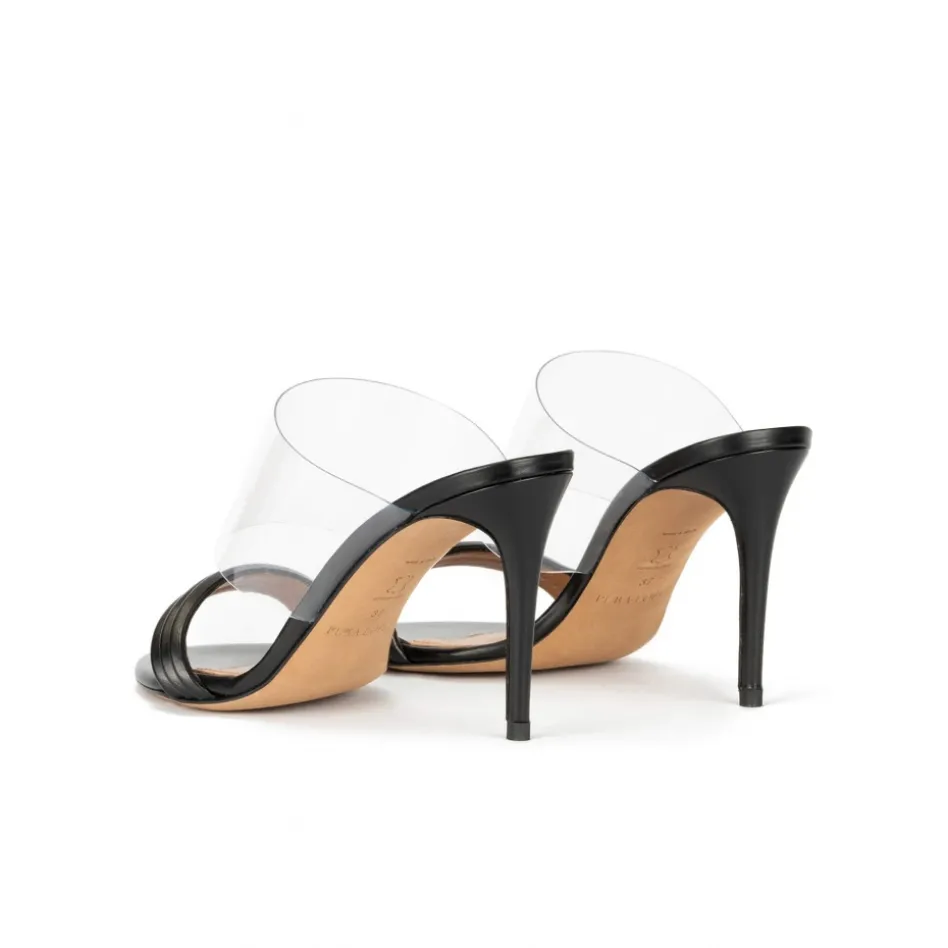 Osana Stiletto heel mules in black leather and transparent vinyl