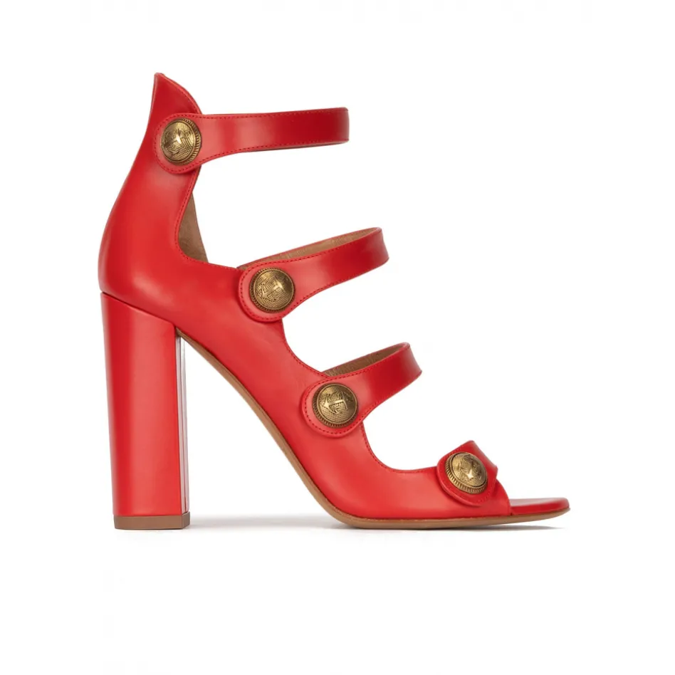 Oslo High block heel sandals in red leather with buttons