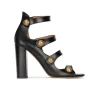 Oslo High block heel sandals in black leather with golden buttons