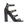 Oslo High block heel sandals in navy blue leather with buttons