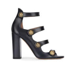 Oslo High block heel sandals in navy blue leather with buttons