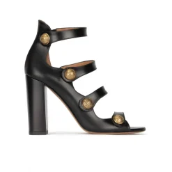 Oslo High block heel sandals in black leather with golden buttons