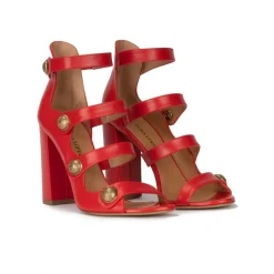 Oslo High block heel sandals in red leather with buttons