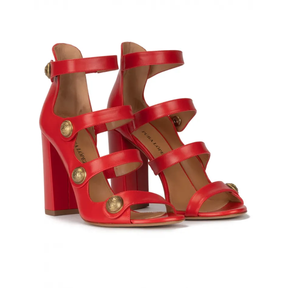 Oslo High block heel sandals in red leather with buttons