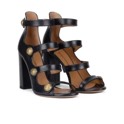 Oslo High block heel sandals in navy blue leather with buttons