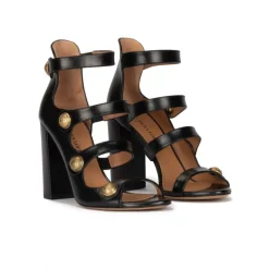 Oslo High block heel sandals in black leather with golden buttons