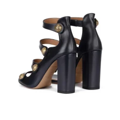 Oslo High block heel sandals in navy blue leather with buttons
