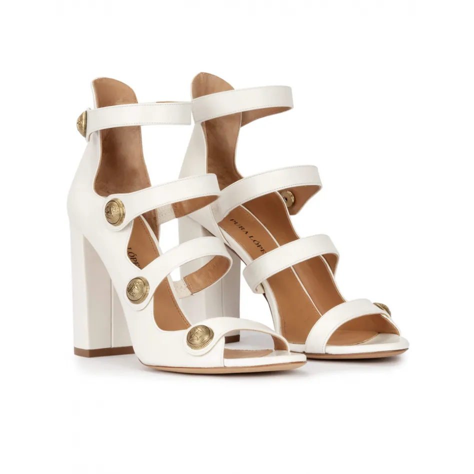 Oslo Off-white strappy high block heel sandals in leather