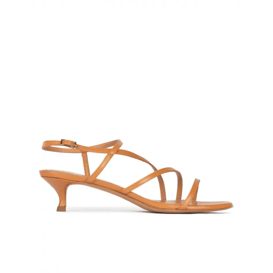 Quebec Strappy mid heel sandals in camel leather