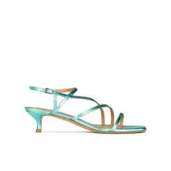 Quebec Strappy mid heel sandals in aquamarine metallic leather