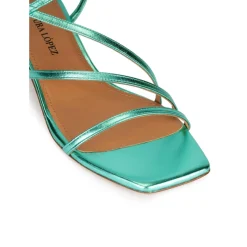 Quebec Strappy mid heel sandals in aquamarine metallic leather