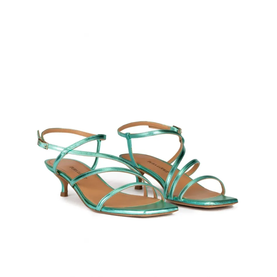 Quebec Strappy mid heel sandals in aquamarine metallic leather