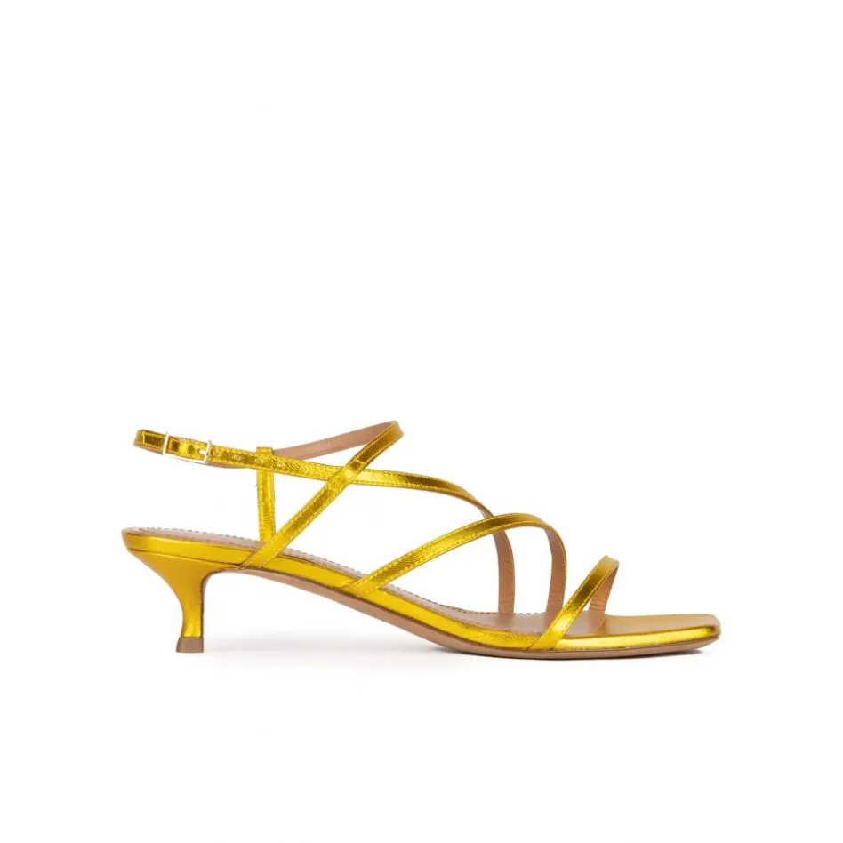 Quebec Yellow strappy mid heel sandals in metallic leather